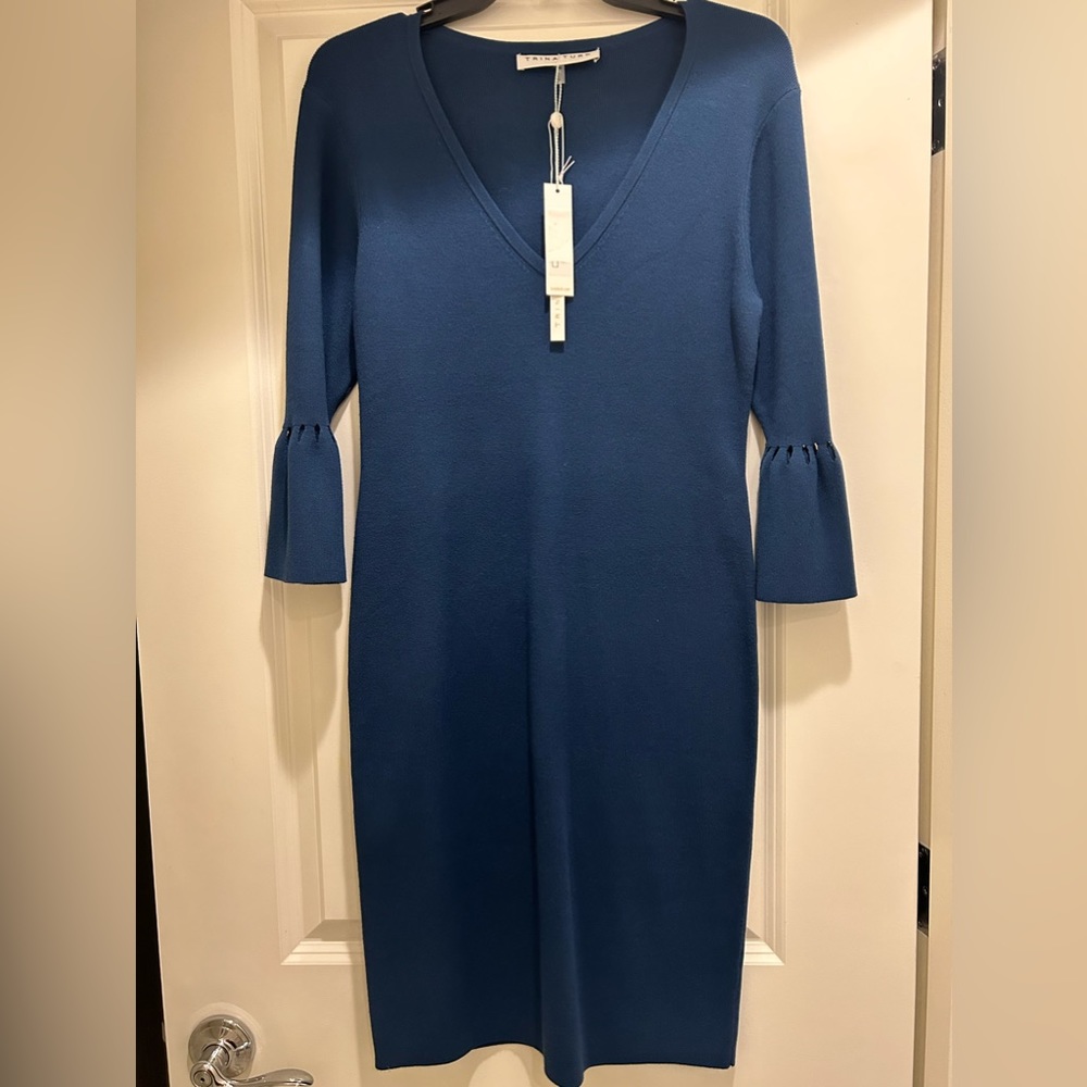 Trina Turk brand new BLUES BELL-SLEEVE SWEATER DRESS IN INDIGO